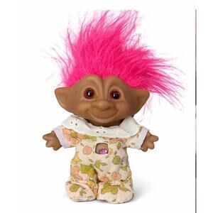 Vintage Troll Doll Pink Hair Heart Gem Belly Floral Outfit 3” Figure Toy